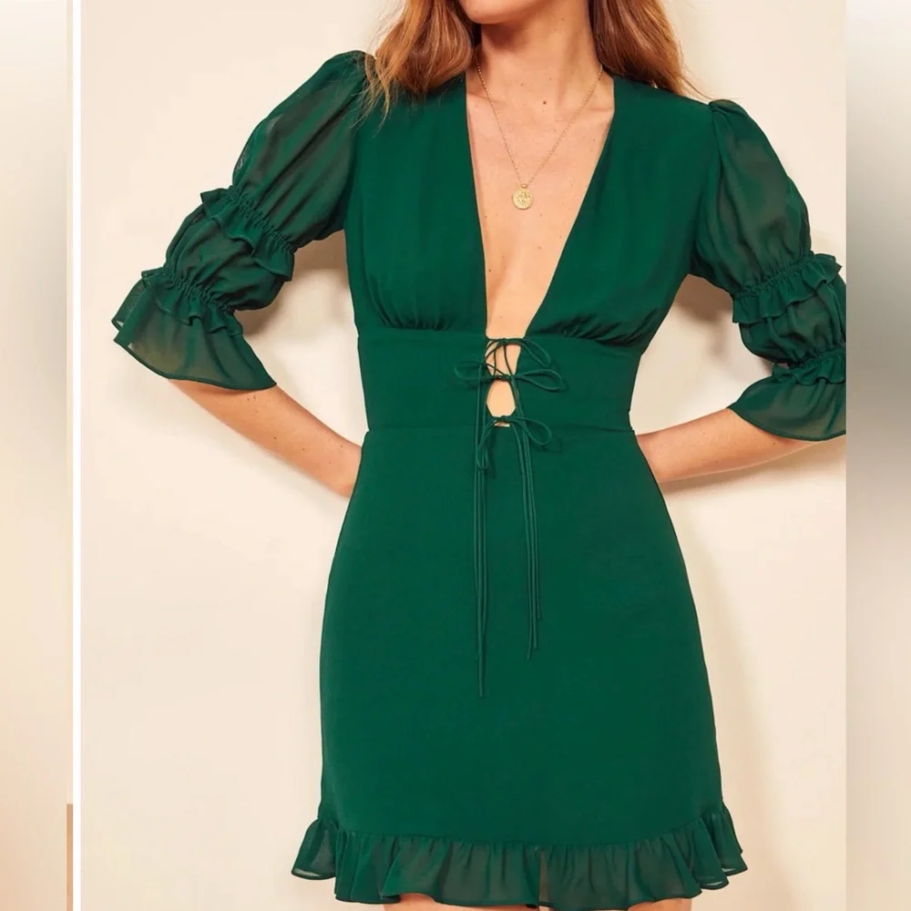 Reformation Laurelei Mini Dress Dark Green Size 4 - Picture 2 of 10
